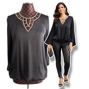 Black Bubble Hem Blouse Medium Gold Rhinestone Collar Top Shirt Bell Sleeve Glam